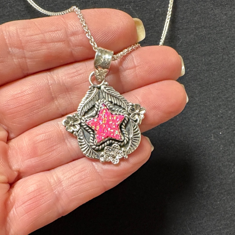 Native Style Handmade Pink Opal Star Sterling Silver Pendant and Necklace.